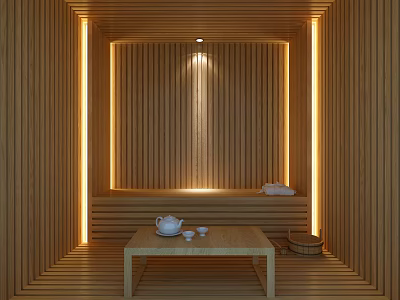 Warm Wooden Sauna Interior Design With Bench Table Teapot Cups And Lighting 3d model