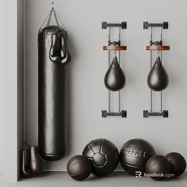 Black Boxing Training Equipment With Wall Mounted Speed Bags Hanging Gloves And Floor Training Balls 3d model 