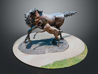 Bronze Horse Sculpture Featuring Mare And Foal On Circular Base With Grass 3d model