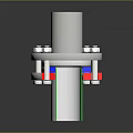 Metallic Mechanical Component Featuring Cylindrical Body Bolted Red Blue Sections And Green Lines