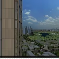 Aerial Planning View Of Modern City With High Rise Buildings Green Spaces And Lake