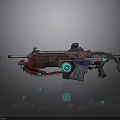 Futuristic Weapon With Red Blue Color Glowing Blue Circles Mechanical Structure And Reflective Surface