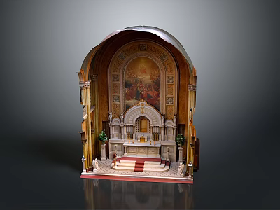 Ornate Church Altar With Arched Structure Mural Painting And Decorative Columns 3d model