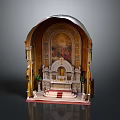 Ornate Church Altar With Arched Structure Mural Painting And Decorative Columns