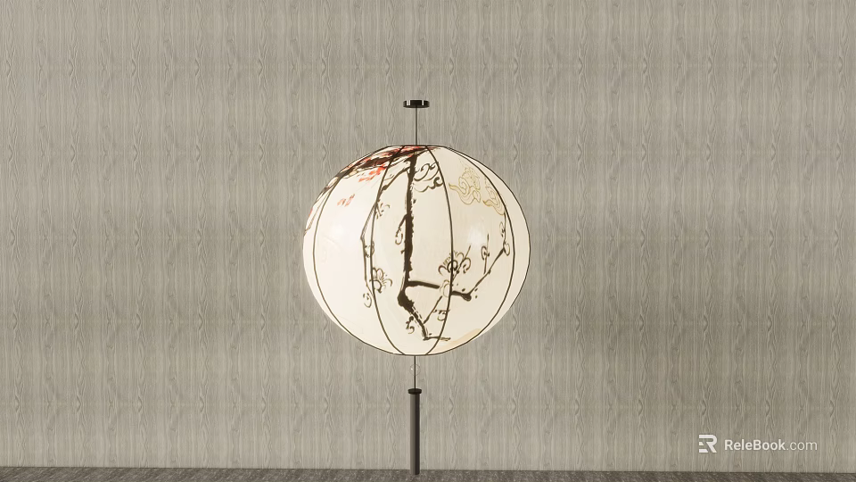 Traditional White Round Lantern With Plum Blossom Pattern Black Pole And Gray Textured Wall 3d model 