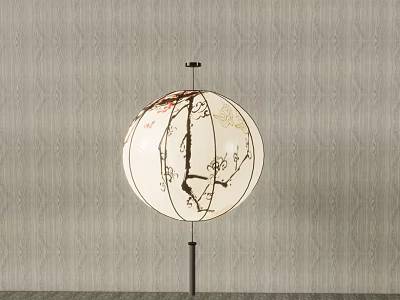 Traditional White Round Lantern With Plum Blossom Pattern Black Pole And Gray Textured Wall 3d model
