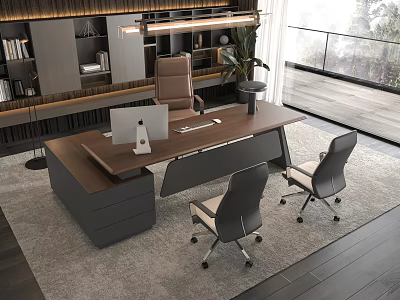 Modern Wooden Office Desk With Computer Monitor Lamp Office Chairs Bookshelf And Potted Plant 3d model
