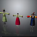 Traditional Asian Clothing Featuring Colorful Robes and Hats on Three Figures with Arms Outstretched