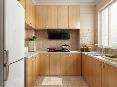 Wooden Cabinet Kitchen Interior With White Refrigerator Microwave Window And Stove 3d model