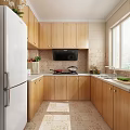 Wooden Cabinet Kitchen Interior With White Refrigerator Microwave Window And Stove