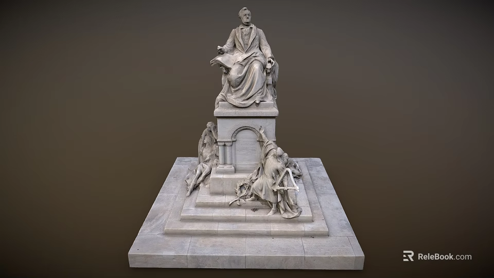 Detailed Monumental Stone Statue With Seated Figure And Flanking Pedestal Figures 3d model 