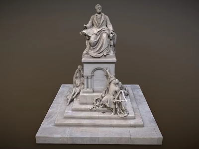 Detailed Monumental Stone Statue With Seated Figure And Flanking Pedestal Figures 3d model