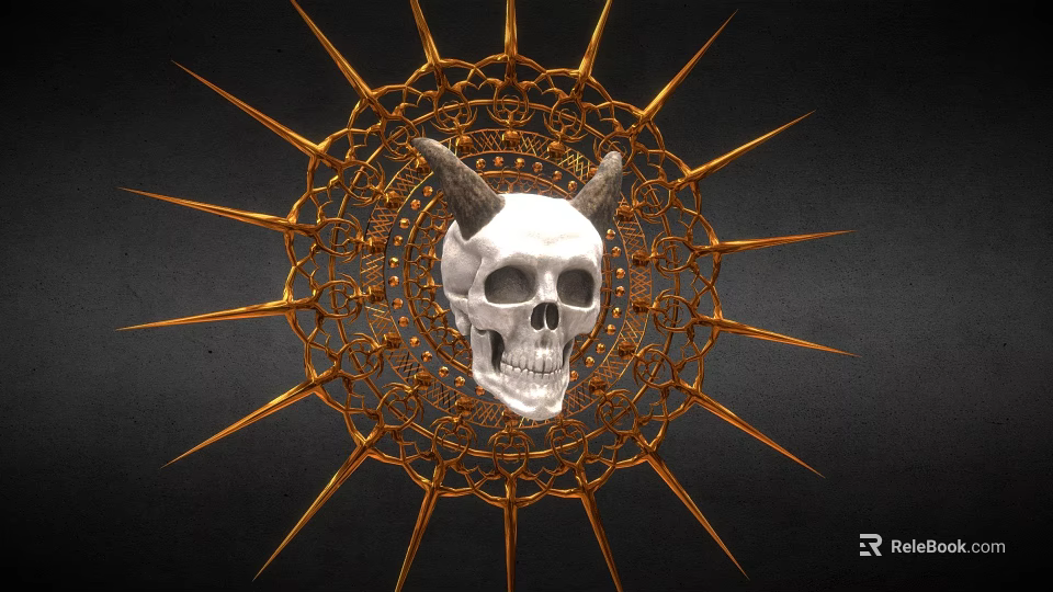 Medical Skull Anatomical Model With Golden Decorative Spiked Frame And Black Background 3d model 