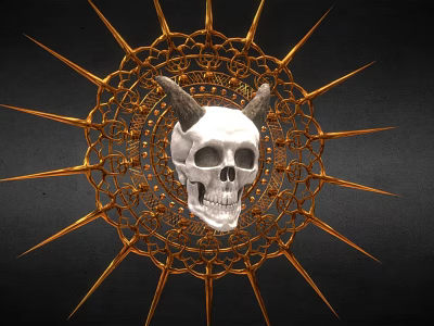 Medical Skull Anatomical Model With Golden Decorative Spiked Frame And Black Background 3d model