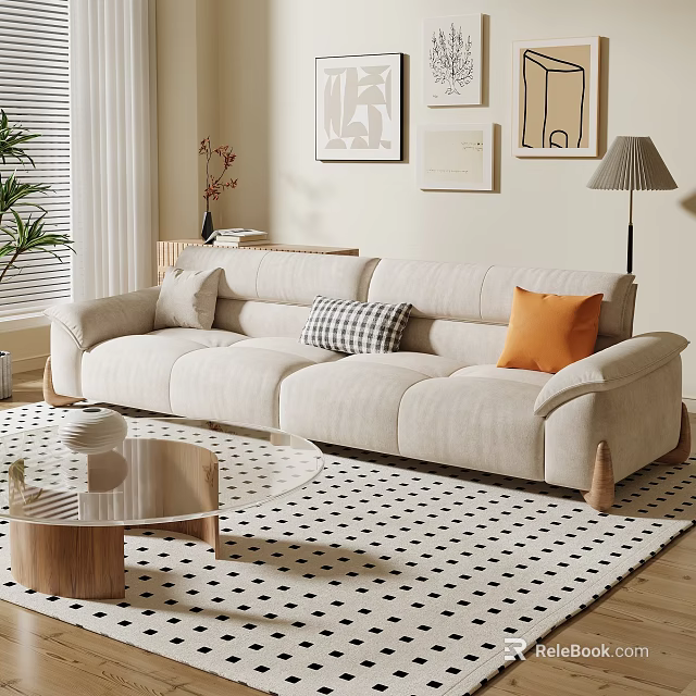 Modern Living Room Interior Design With Beige Sofa Checkered Orange Pillows And Glass Coffee Table 3d model 