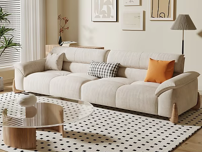 Modern Living Room Interior Design With Beige Sofa Checkered Orange Pillows And Glass Coffee Table 3d model