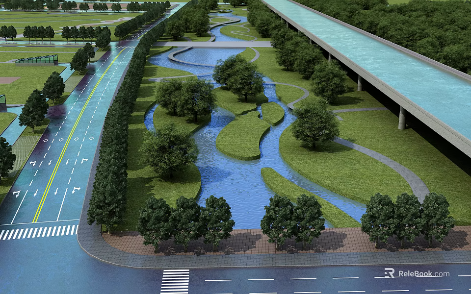 Tranquil Garden Landscape With Winding Stream Green Trees And Lush Grass Areas 3d model 