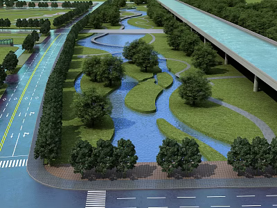 Tranquil Garden Landscape With Winding Stream Green Trees And Lush Grass Areas 3d model