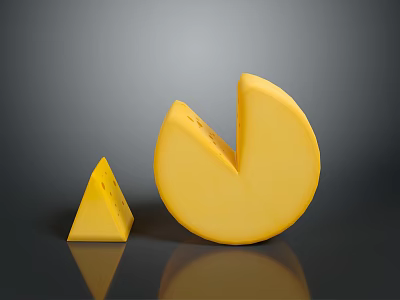 Yellow Round and Triangular Cheese Slices on Dark Reflective Background 3d model