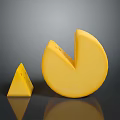 Yellow Round and Triangular Cheese Slices on Dark Reflective Background 3d model