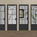 Five Black Hinged Doors With Various Glass Designs In Light Colored Walls And Wooden Floor