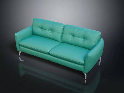 Stylish Turquoise Leather Two Seater Sofa With Tufted Backrest And Metal Legs 3d model