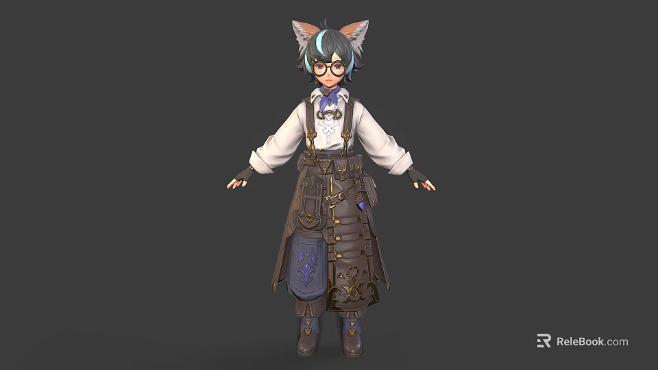 Cat Eared Character In Steampunk Leather Outfit With Blue Embroidery And Glasses 3d model 