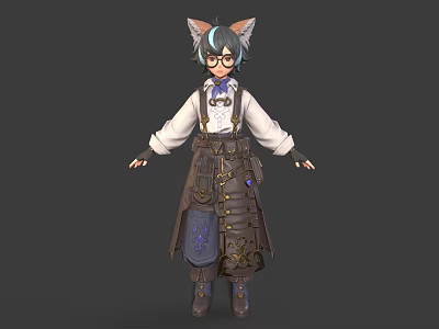 Cat Eared Character In Steampunk Leather Outfit With Blue Embroidery And Glasses 3d model
