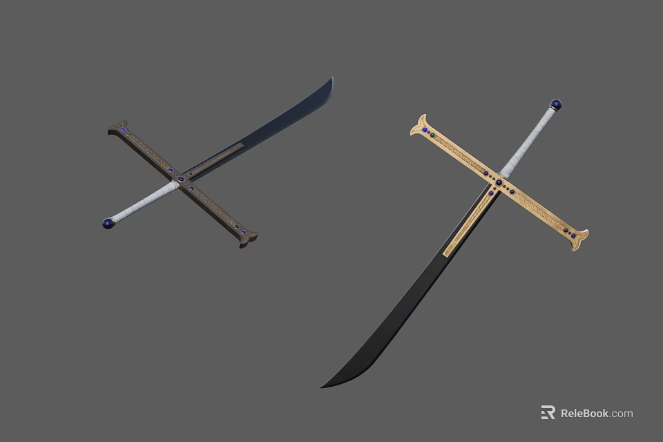 Two Crossed Swords With Wooden And Golden Hilts And Black Blades Displayed 3d model 