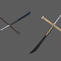 Two Crossed Swords With Wooden And Golden Hilts And Black Blades Displayed