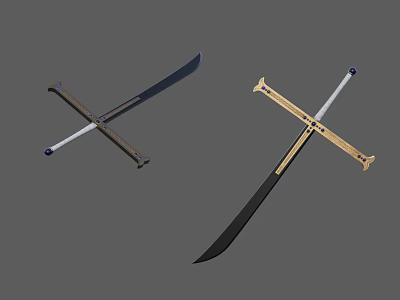 Two Crossed Swords With Wooden And Golden Hilts And Black Blades Displayed 3d model