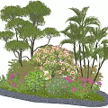Vibrant Plant Combination With Tall Trees Palm Shrubs Flowering Bushes And Colorful Blooms