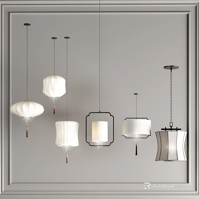 Various Modern Pendant Lights with Fabric Shades and Metal Frames for Home Interior Decoration 3d model 