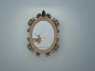 Ornate Oval Mirror With Decorative Frame And Deer Silhouette On Light Blue Wall 3d model