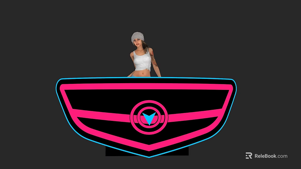 Woman In White Tank Top And Cap Standing By Neon Sign With Pink Blue Shield Symbol 3d model 
