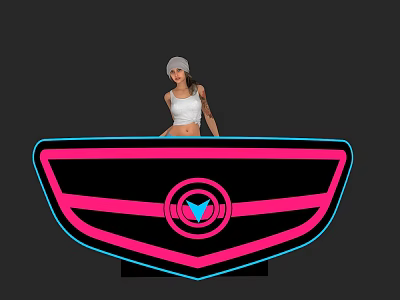 Woman In White Tank Top And Cap Standing By Neon Sign With Pink Blue Shield Symbol 3d model