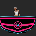 Woman In White Tank Top And Cap Standing By Neon Sign With Pink Blue Shield Symbol