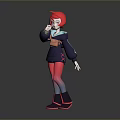 3D Woman Character With Red Short Hair Dark Blue Top Red Pants And Black Boots