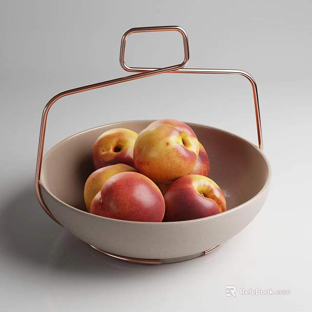 Fresh Juicy Nectarines Filled in Beige Bowl with Rose Gold Metal Stand 3d model 