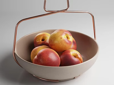 Fresh Juicy Nectarines Filled in Beige Bowl with Rose Gold Metal Stand 3d model