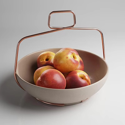 Fresh Juicy Nectarines Filled in Beige Bowl with Rose Gold Metal Stand 3d model