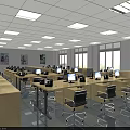 Spacious Modern Public Office Space Interior With Work Desks Computers Office Chairs And Large Windows 3d model