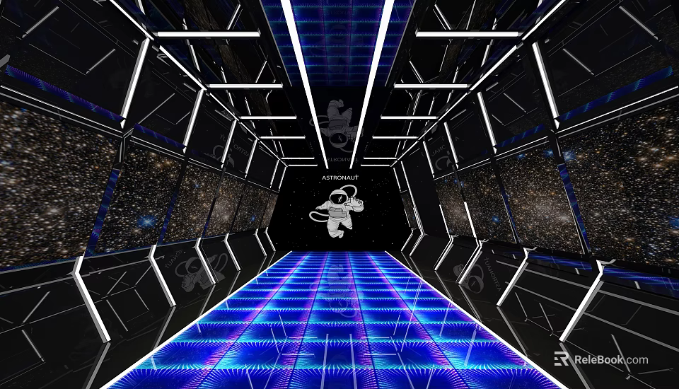 Elevator Aisle With Blue Glowing Floor Black Starry Walls Ceiling Lights And Astronaut Design 3d model 