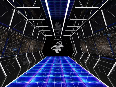 Elevator Aisle With Blue Glowing Floor Black Starry Walls Ceiling Lights And Astronaut Design 3d model