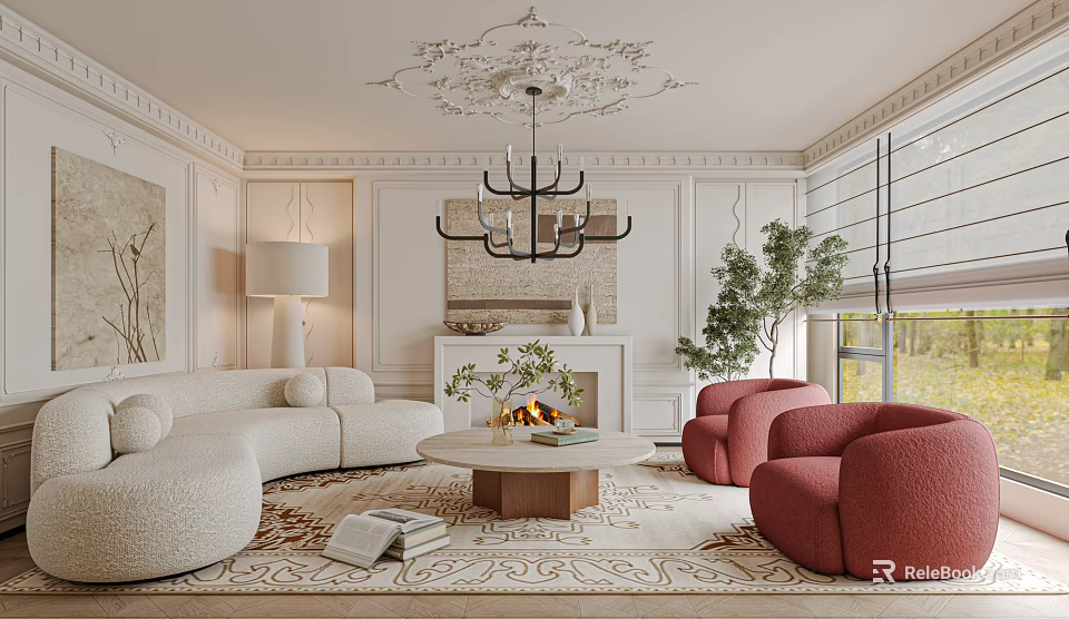 Elegant Living Room Interior With White Sofa Red Armchairs Fireplace Chandelier Rug And Green Plant 3d model 