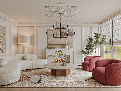 Elegant Living Room Interior With White Sofa Red Armchairs Fireplace Chandelier Rug And Green Plant 3d model