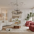 Elegant Living Room Interior With White Sofa Red Armchairs Fireplace Chandelier Rug And Green Plant