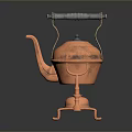 Vintage Copper Teapot With Blue Handle And Three Legged Base For Home Decor