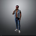 Shirtless Man In Denim Vest And Jeans With Headband And White Shoes Standing