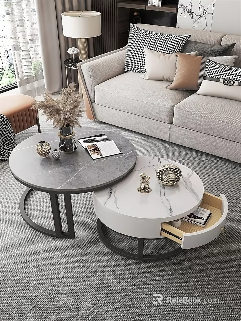 Round Coffee Tables With Marble Top Drawer Sofa And Decorative Items 3d model 